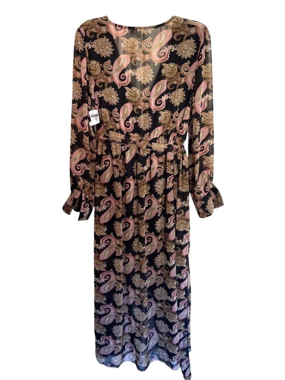 Miss Avenue Long Sleeve Maxi Dress Sheer Size L Black Paisley Floral Wrap Kaftan